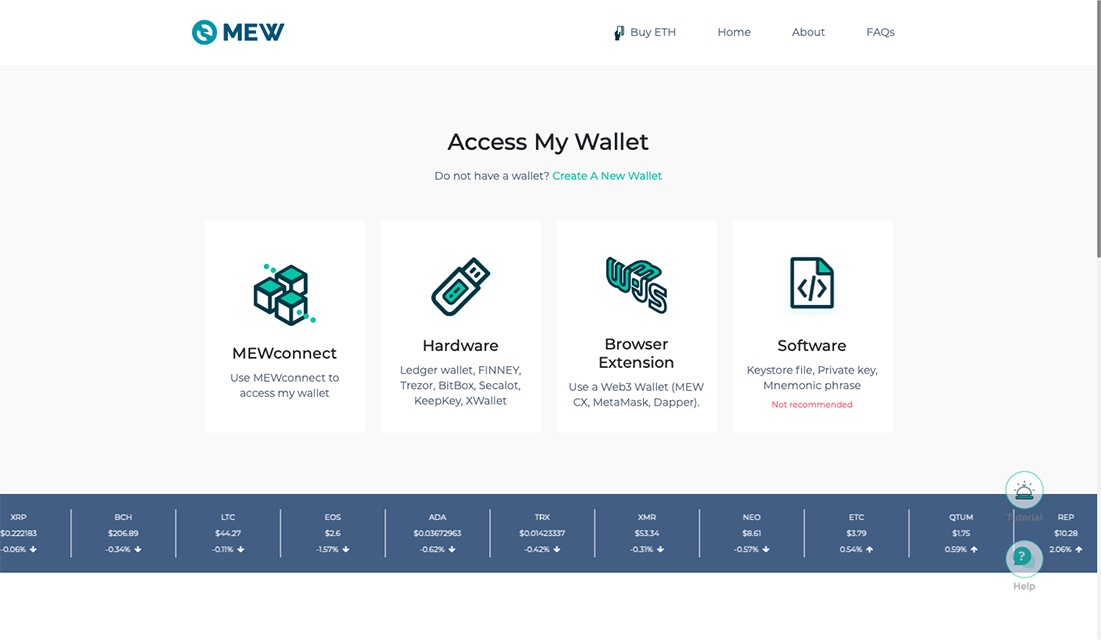 MyEtherWallet hozzáférés fajtájának kiválasztására szolgáló online felület.